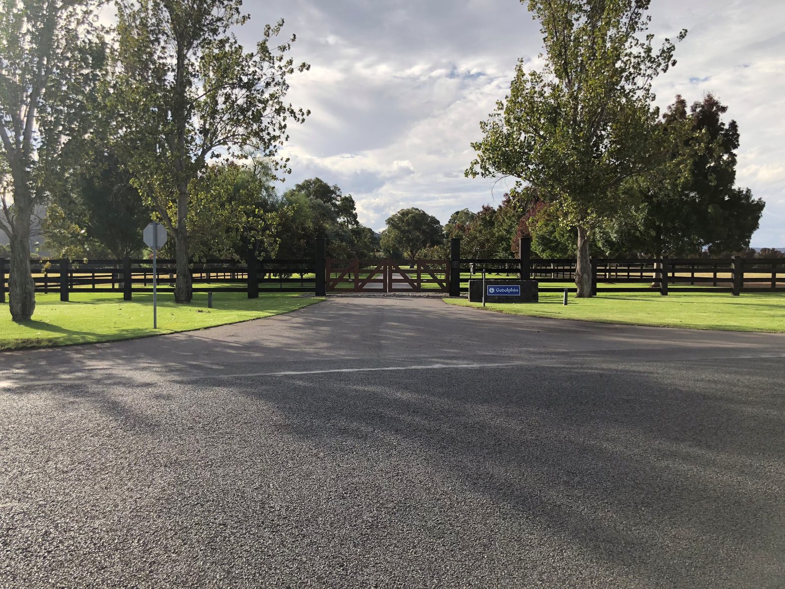 Side gate and post-and-rail fencing at Darley's Kelvinside Stud, now signed as Godolphin